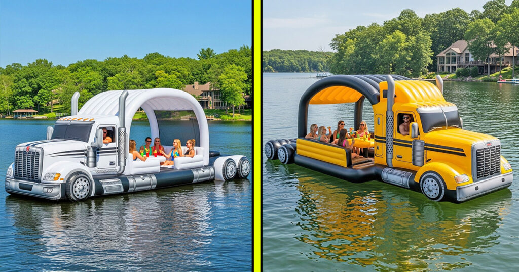 Giant semi-truck lake party floats
