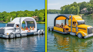 Giant semi-truck lake party floats