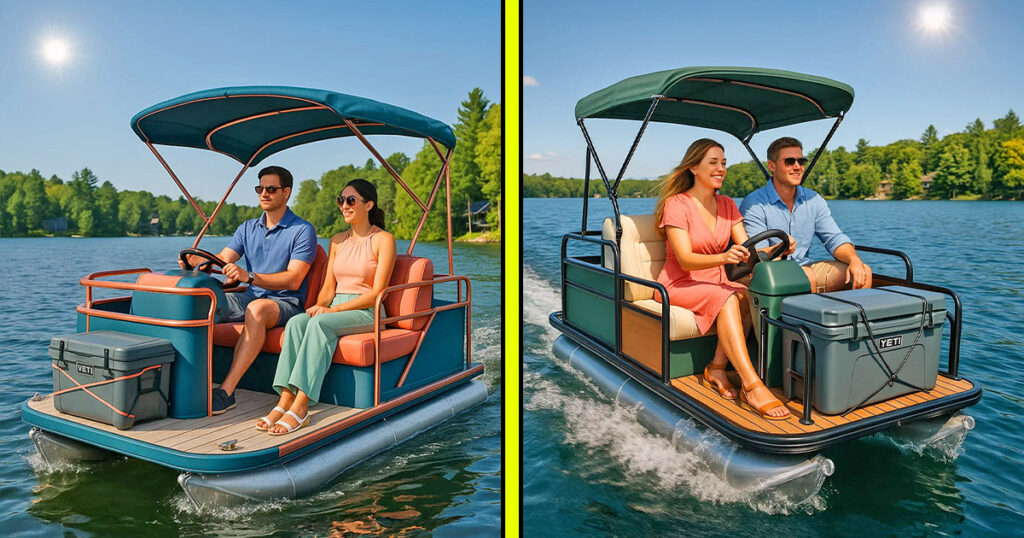 tiny pontoon boats with a bimini and cooler storage