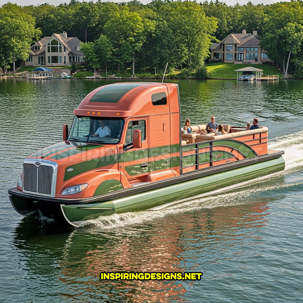 semi-truck pontoon boat in a salmon and green color