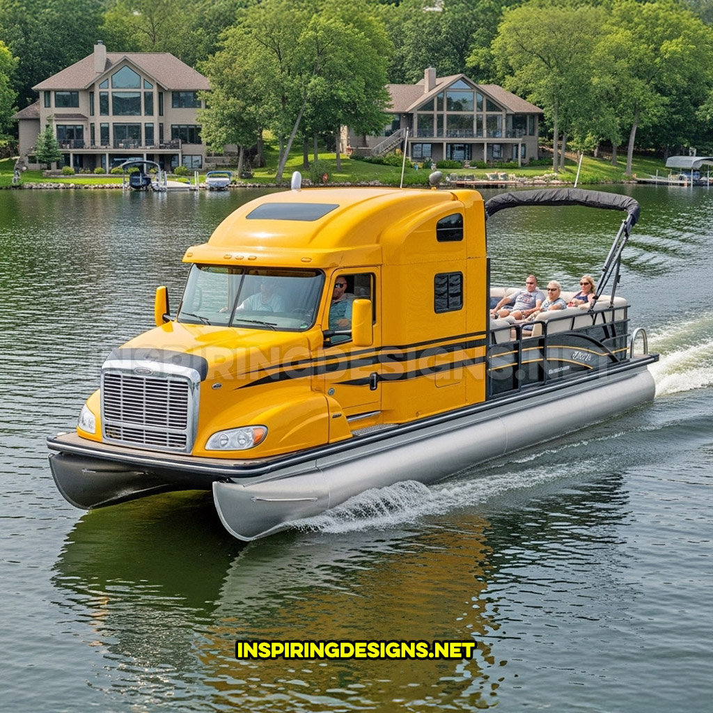 semi-truck pontoon boat in a yellow and black color