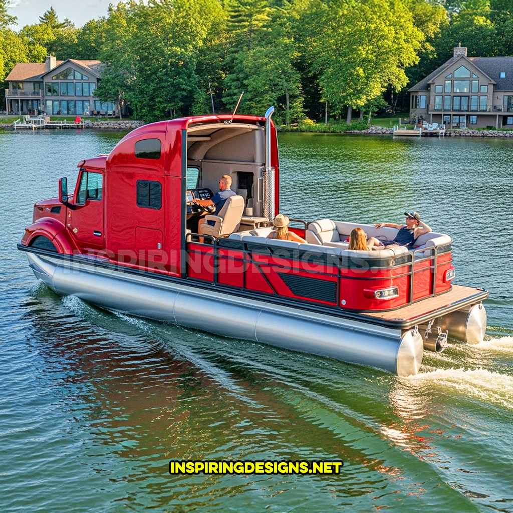 semi-truck pontoon boat in a red and black color