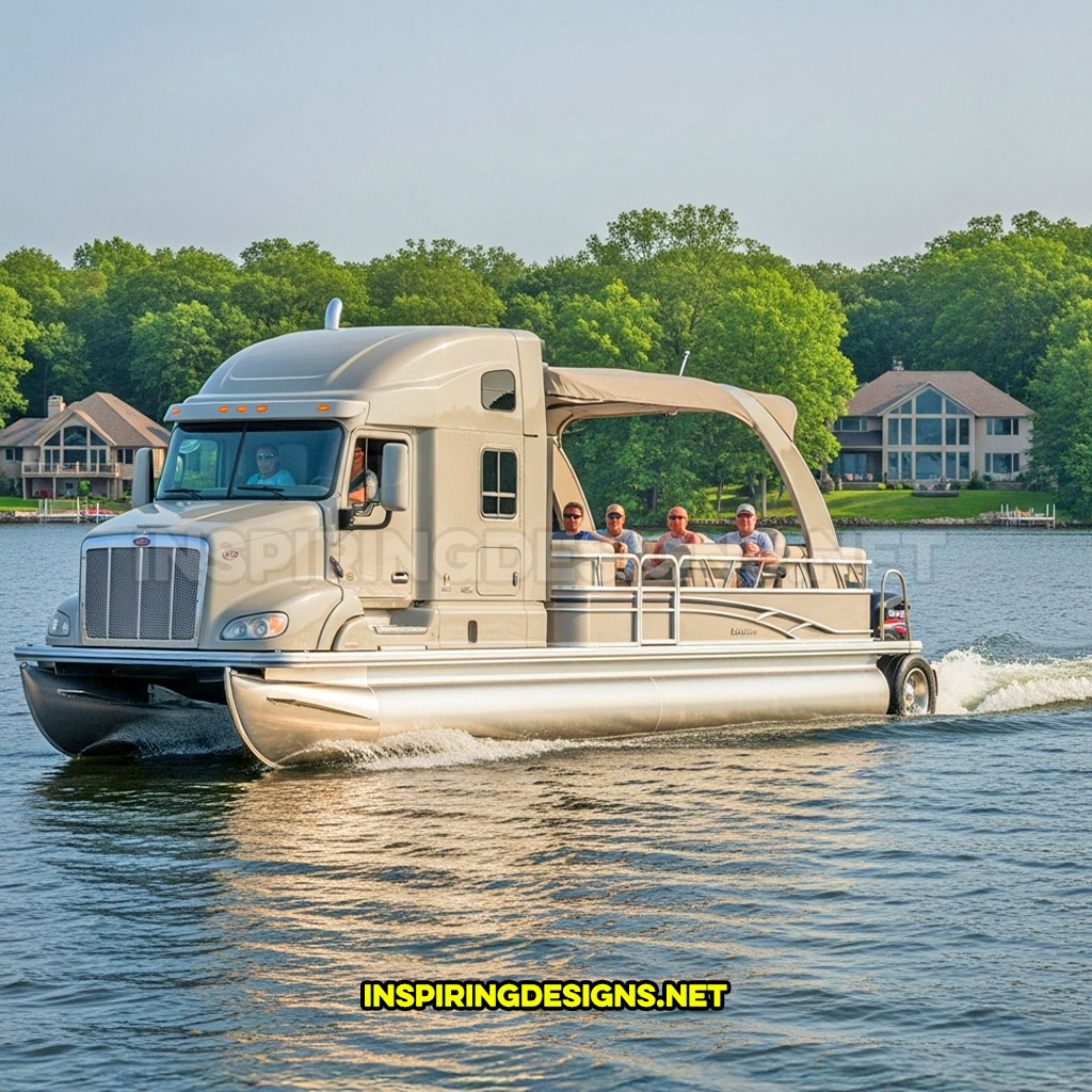 semi-truck pontoon boat in a grey color