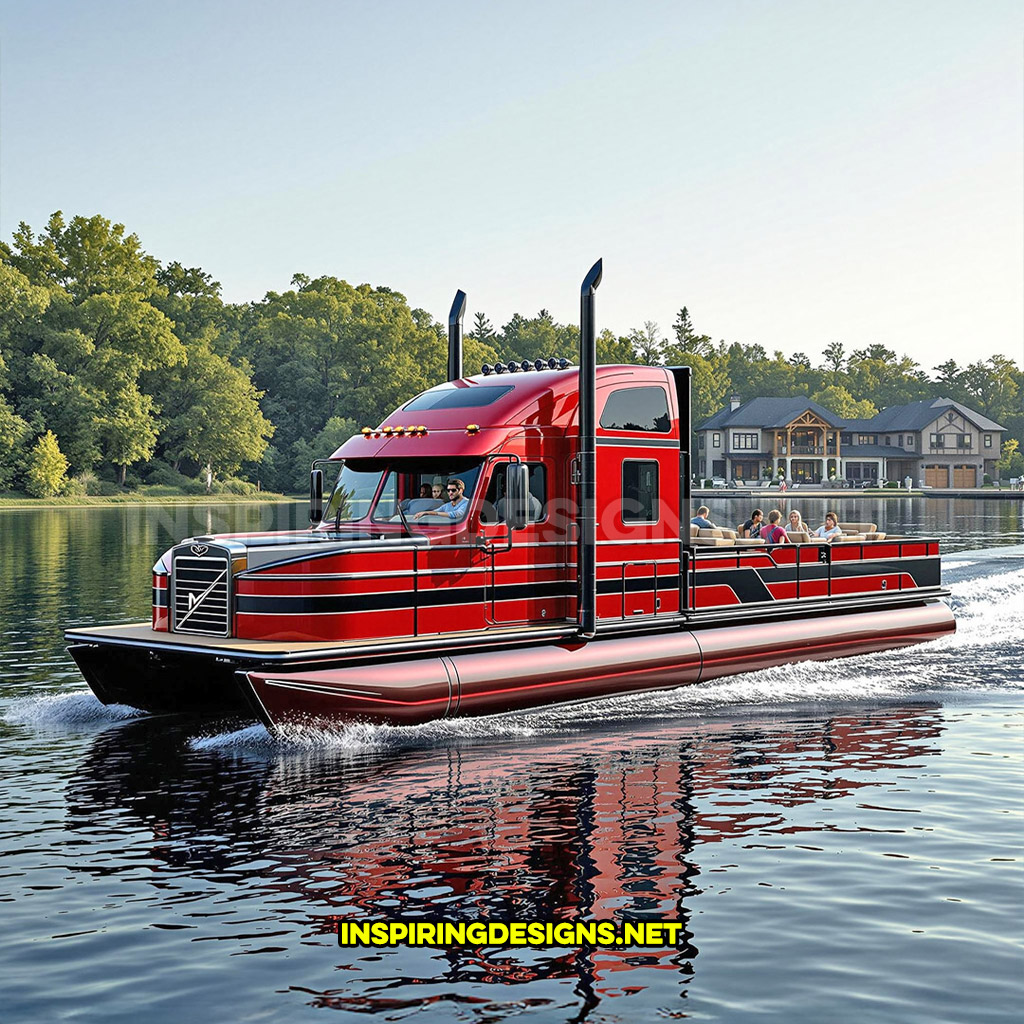 semi-truck pontoon boat in a red and black color