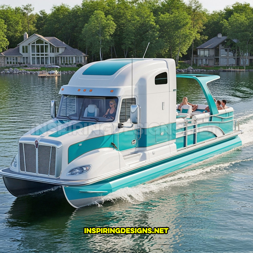 semi-truck pontoon boat in a white and turquoise color