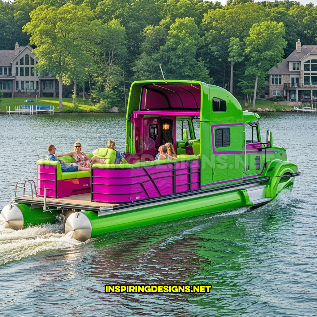 semi-truck pontoon boat in a lime green and pink color