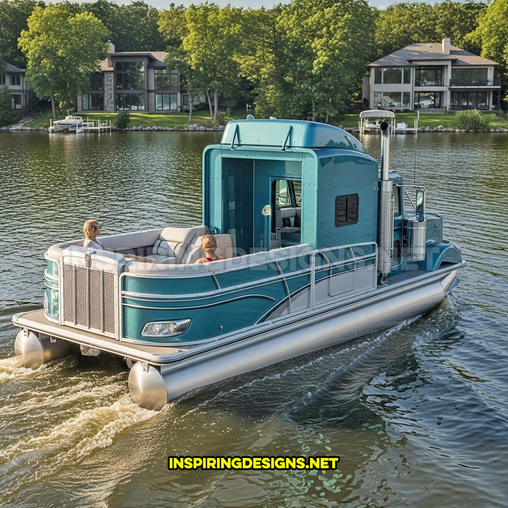 semi-truck pontoon boat in a turquoise and grey color