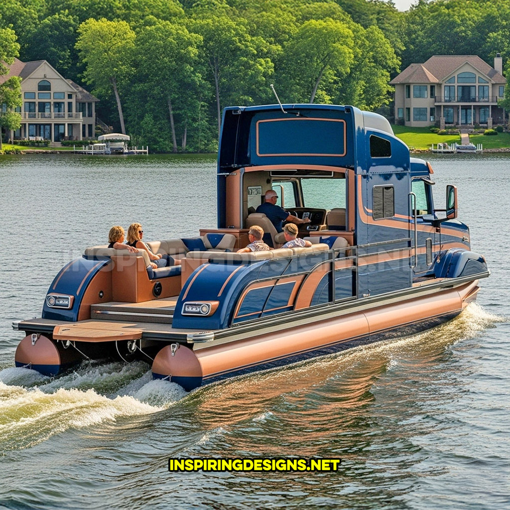 semi-truck pontoon boat in a blue and beige color