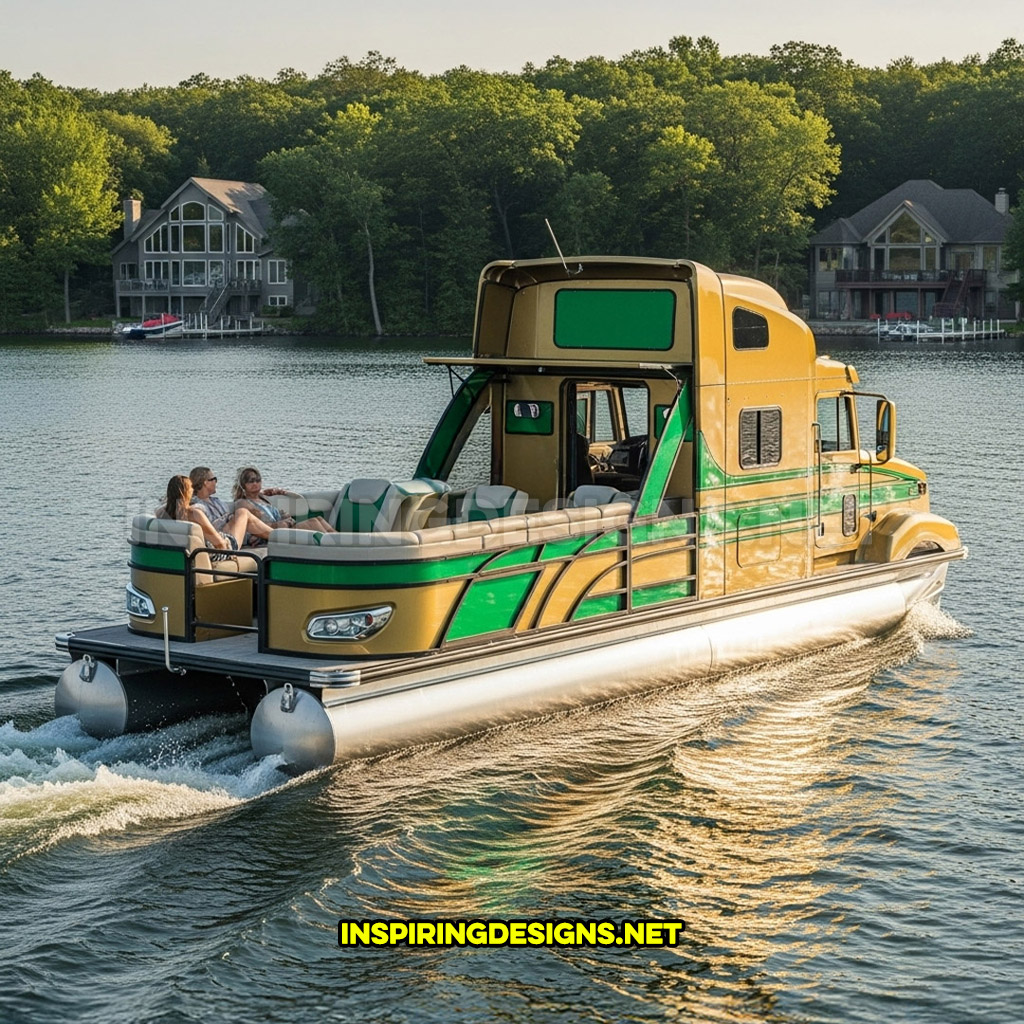 semi-truck pontoon boat in a mustard and lime green color