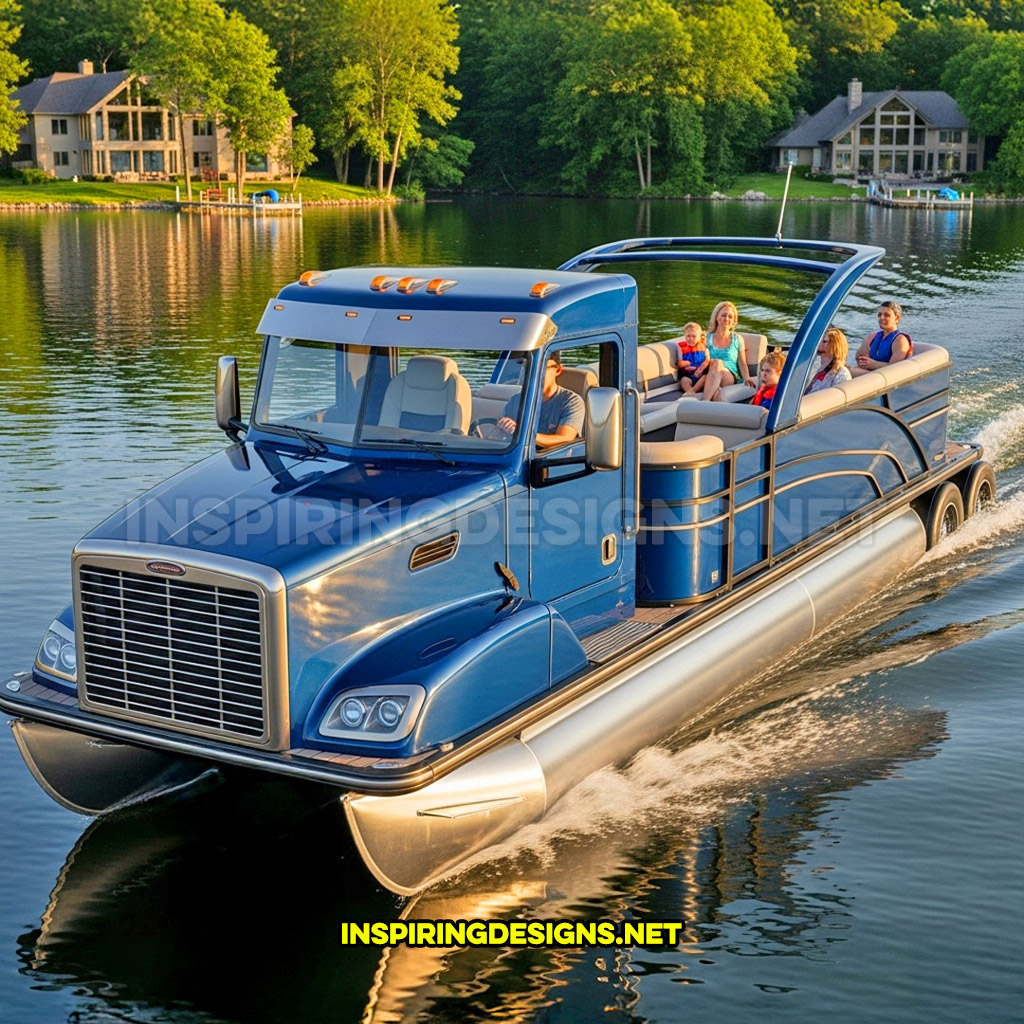 semi-truck pontoon boat in a blue and black color