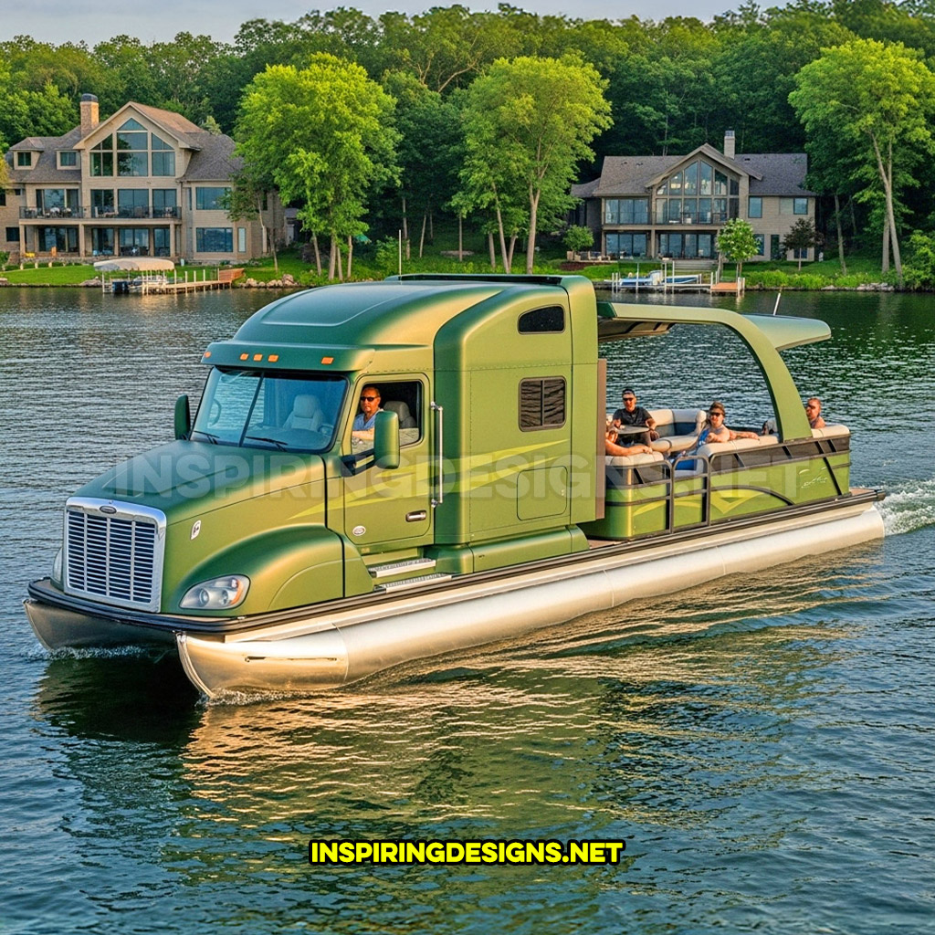 semi-truck pontoon boat in a matte green color