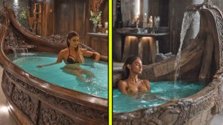 giant wooden ship shaped bathtubs