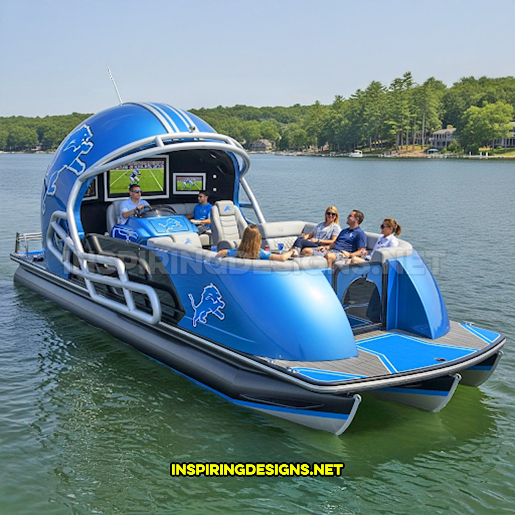 A NFL football helmet pontoon boat in a Detroit Lions design