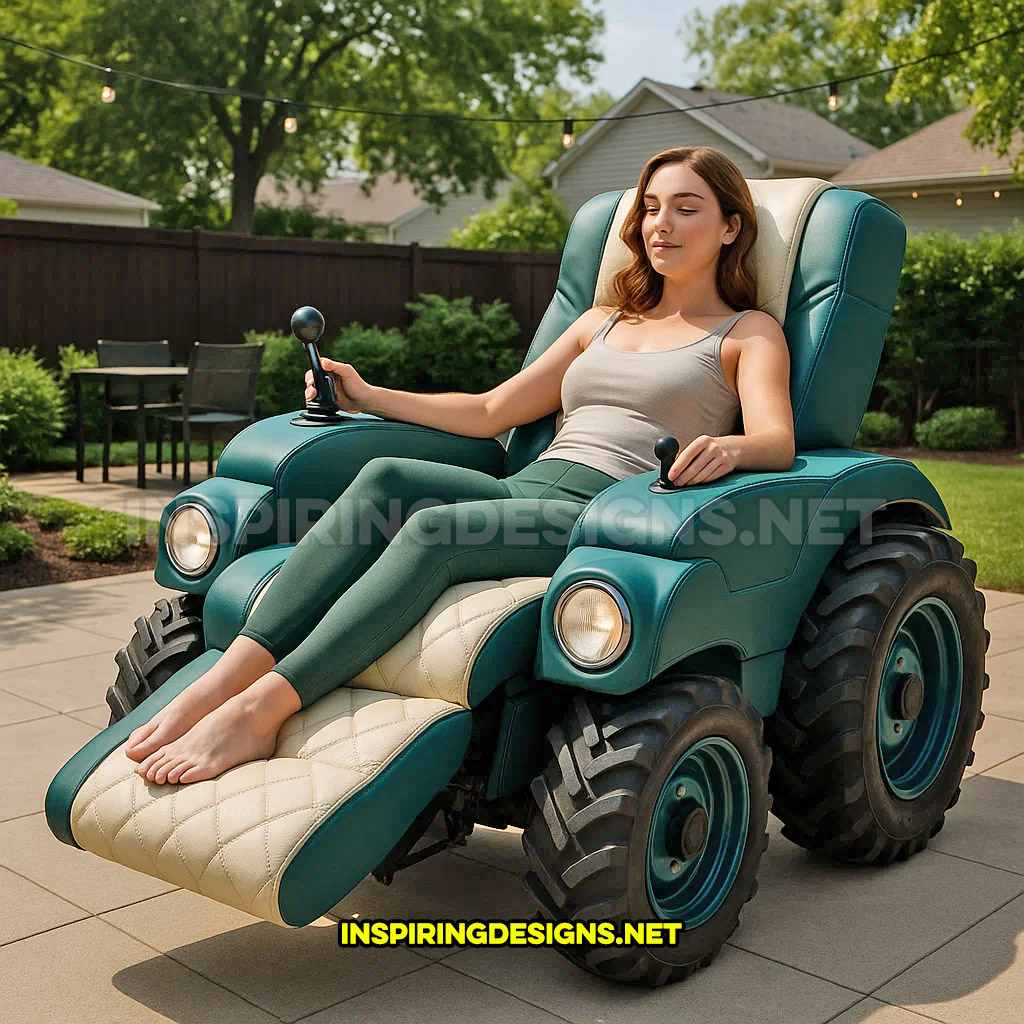 outdoor tractor recliner in an turquoise and cream color