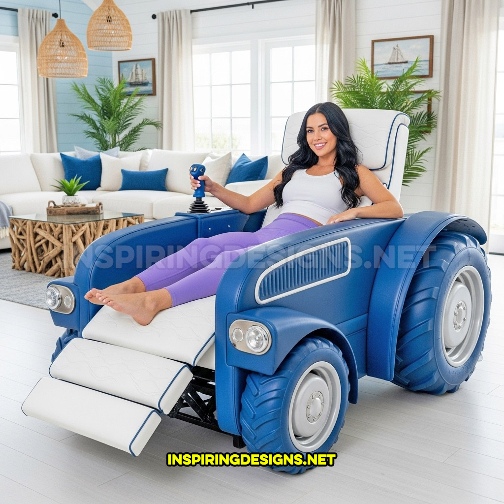 tractor recliner in a blue and white color
