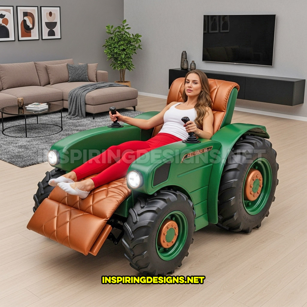 tractor recliner in a green and brown color