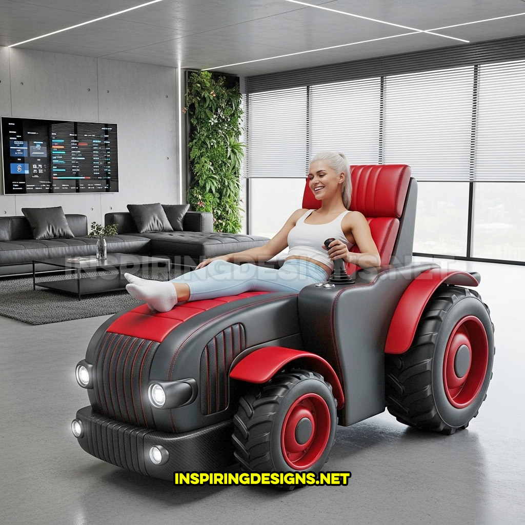 tractor recliner in a black and red color