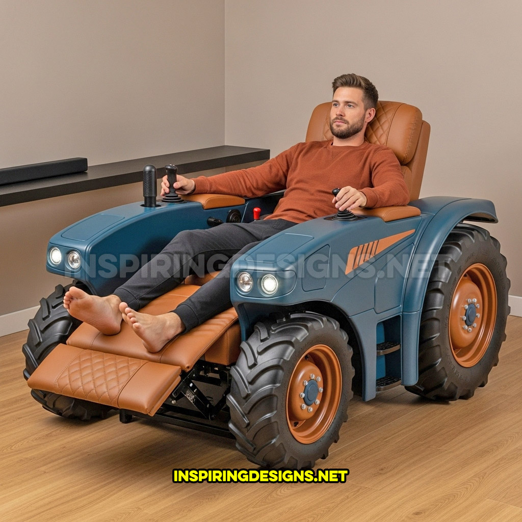 tractor recliner in a blue and brown color