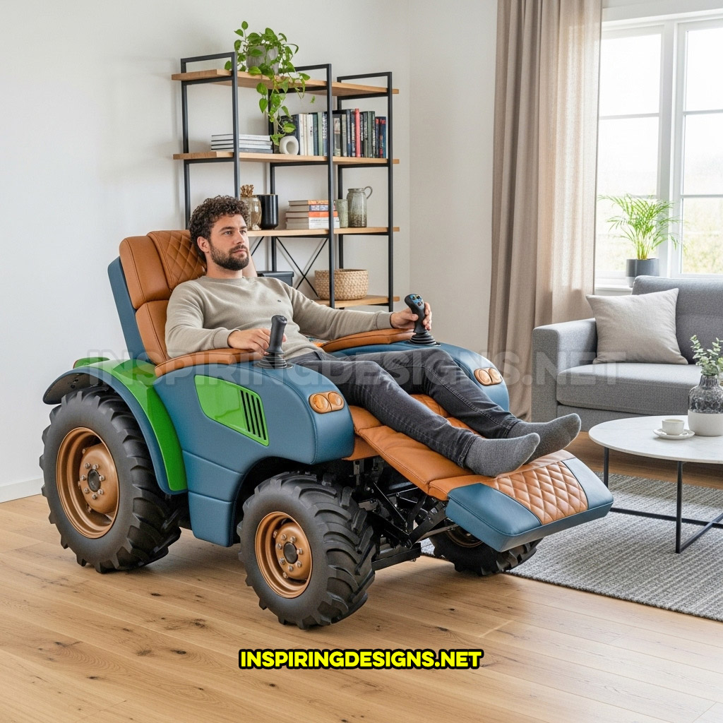 tractor recliner in a blue and brown color