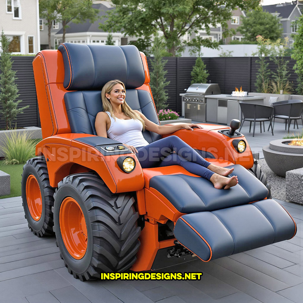 tractor recliner in an orange and blue color