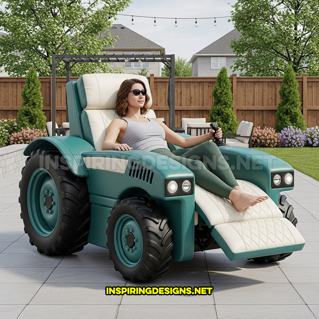 tractor recliner in a turquoise and white