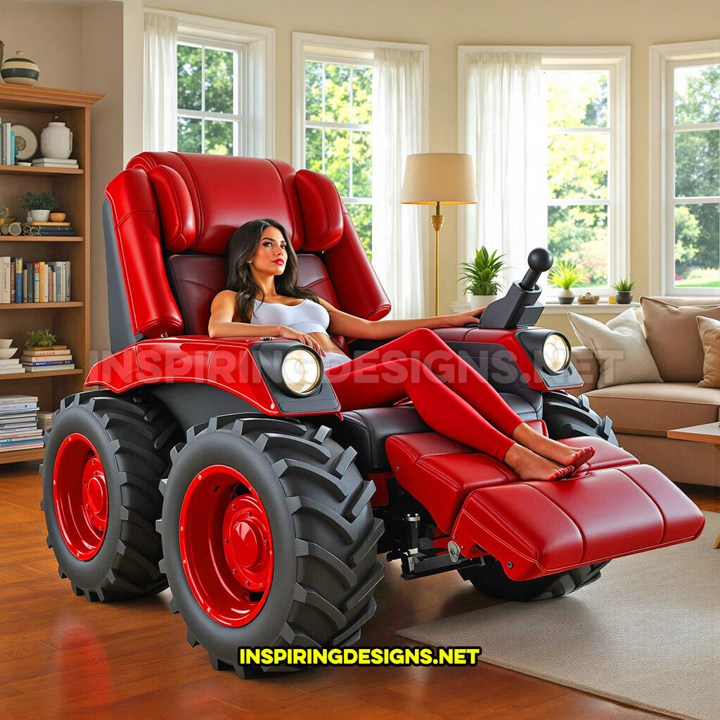 tractor recliner in a red and black color