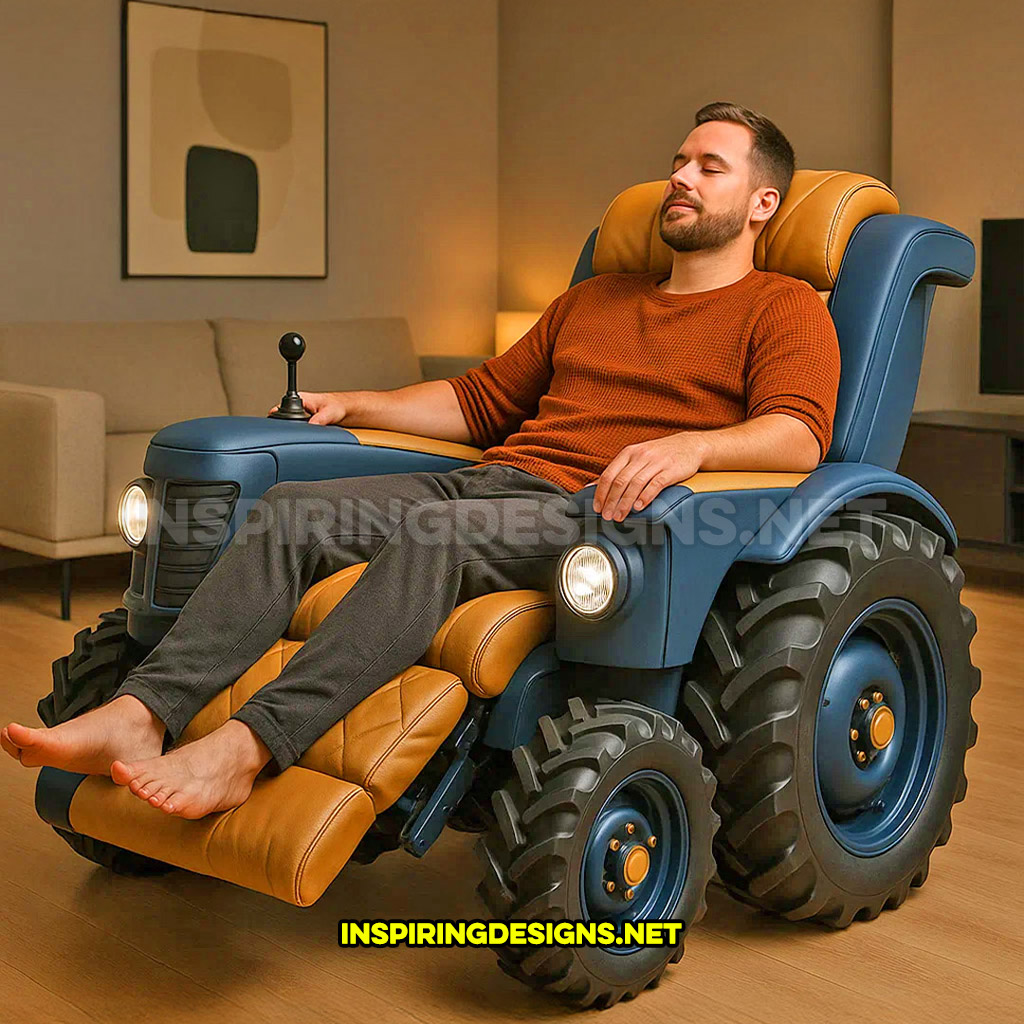 tractor recliner in an blue and brown color