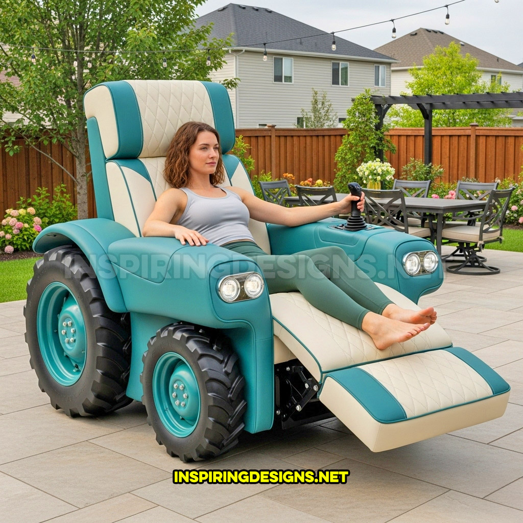 outdoor tractor recliner in an turquoise and cream color