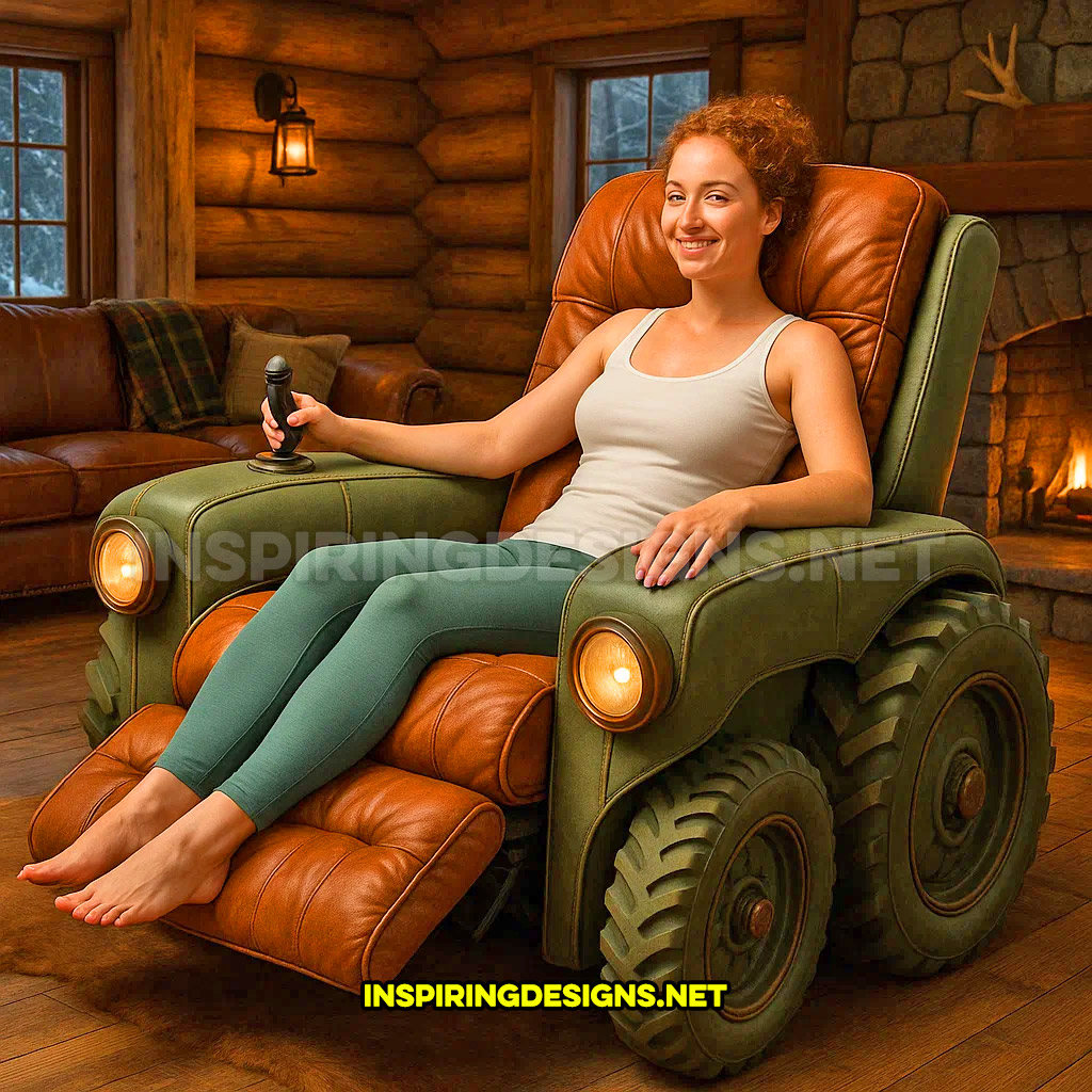 tractor recliner in an army green and brown color