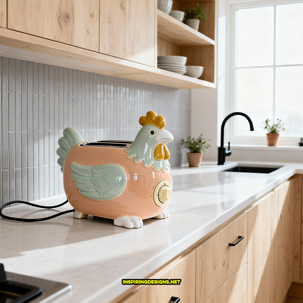 chicken toaster in a beige and light blue color design