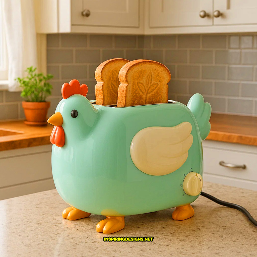 chicken toaster in a turquoise and cream color design