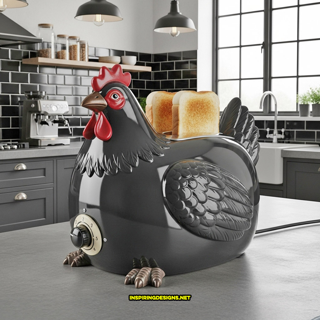 chicken toaster in a black and red color design