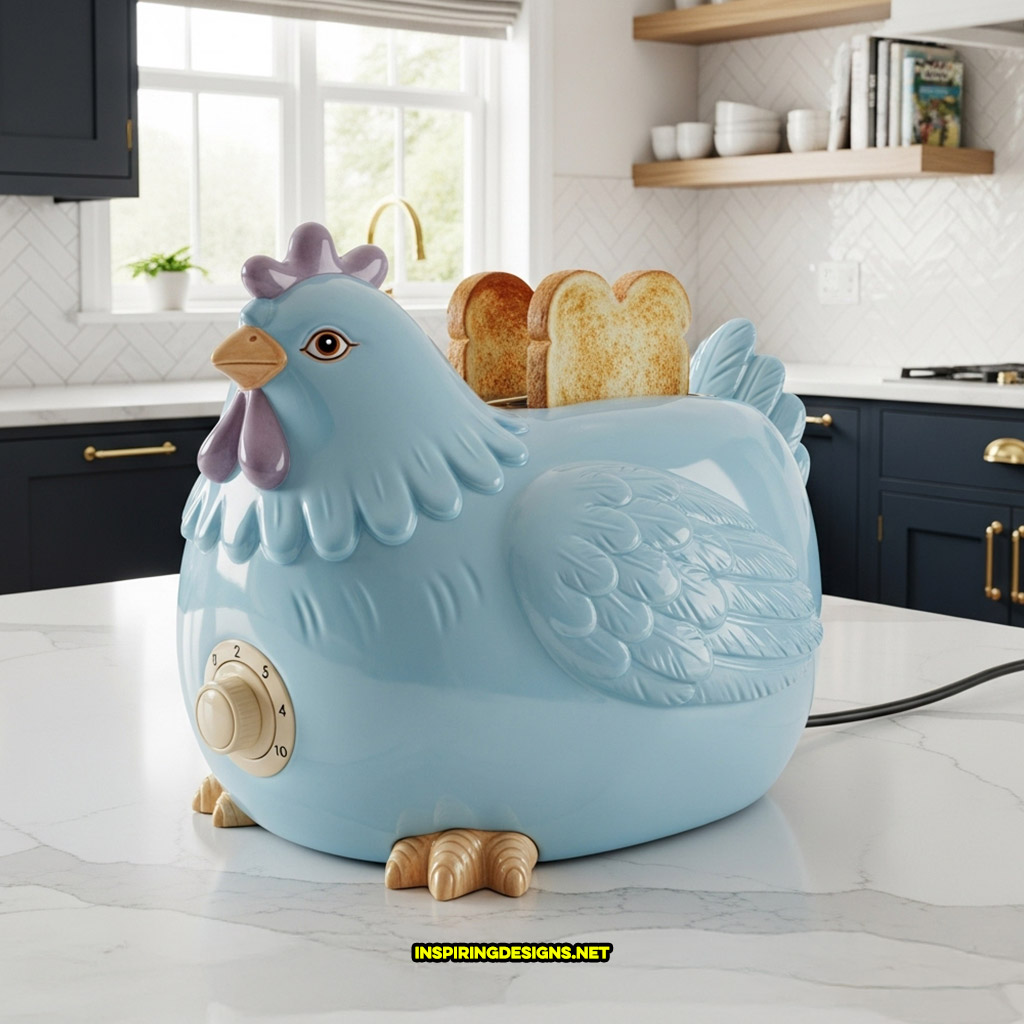 chicken toaster in a light blue and purple color design