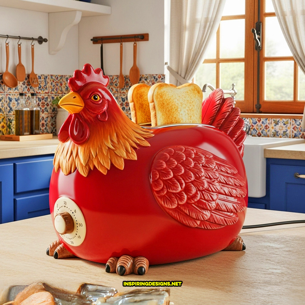 chicken toaster in a red and brown color design