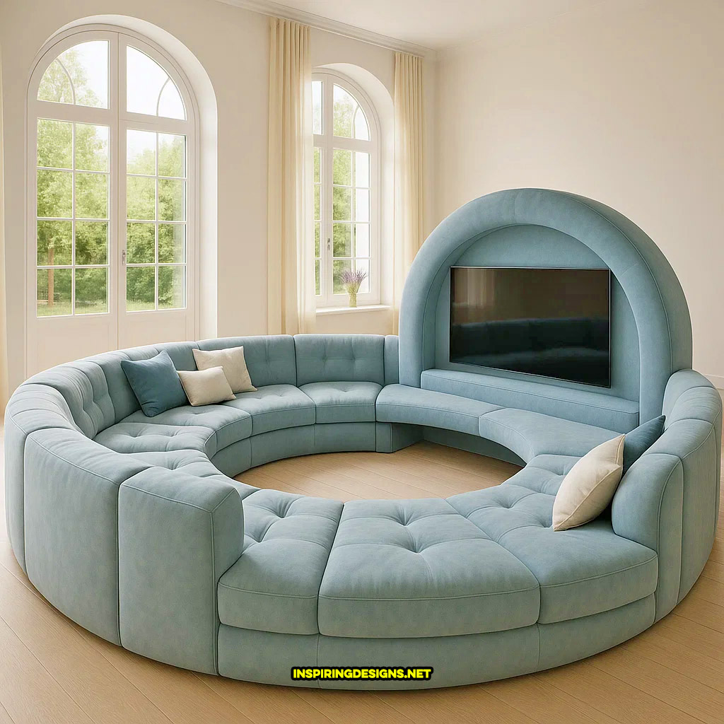 circular sofa tv in a light blue color palette design