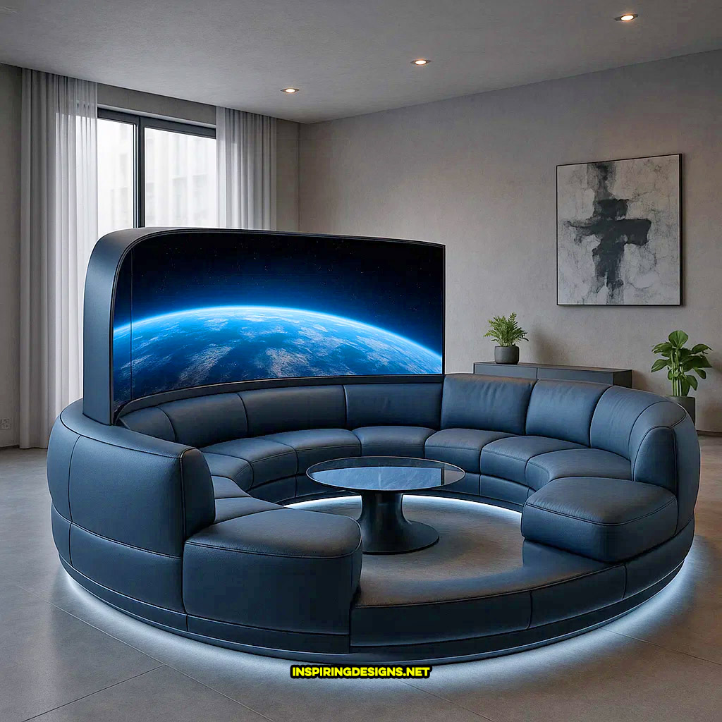 circular sofa tv in a black leather design
