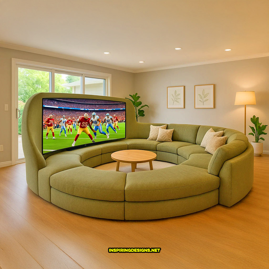 circular sofa tv in a light green color palette design