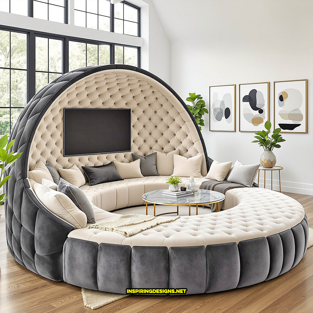 circular sofa tv in a black and cream color palette design