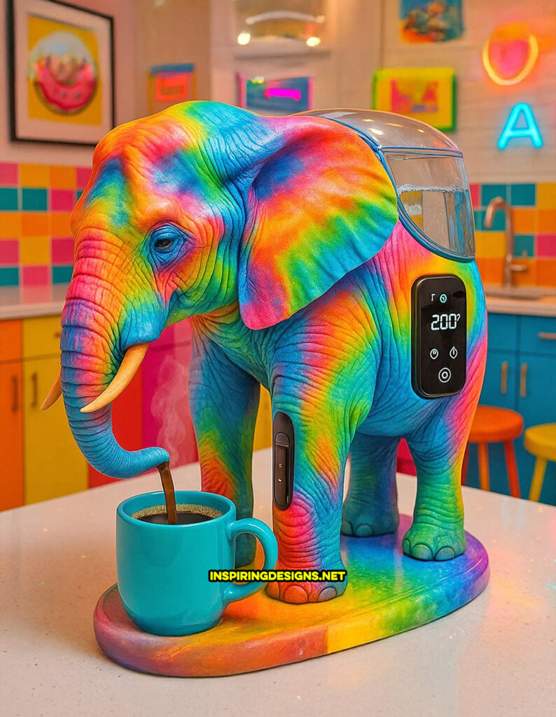 elephant coffee maker in a bright and colorful multi-color