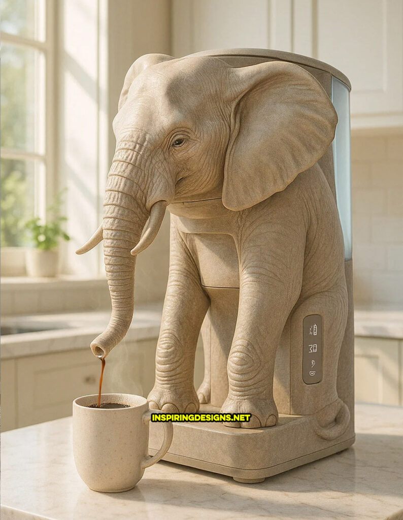 elephant coffee maker in a realistic grey color