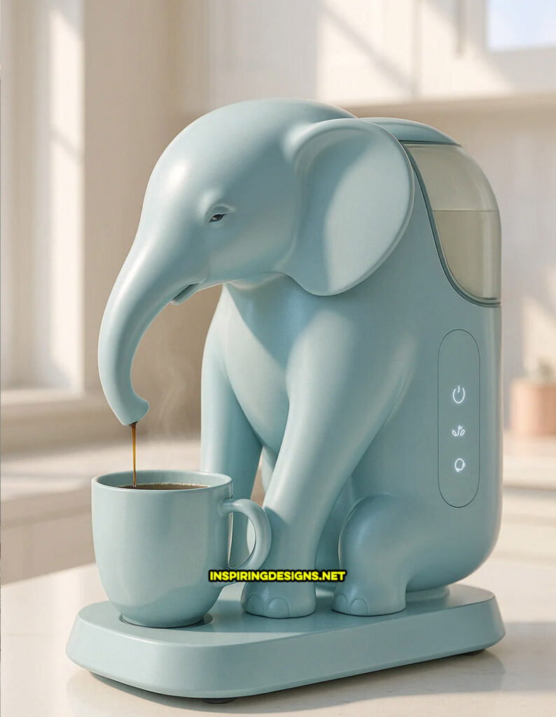 elephant coffee maker in a smooth light blue color