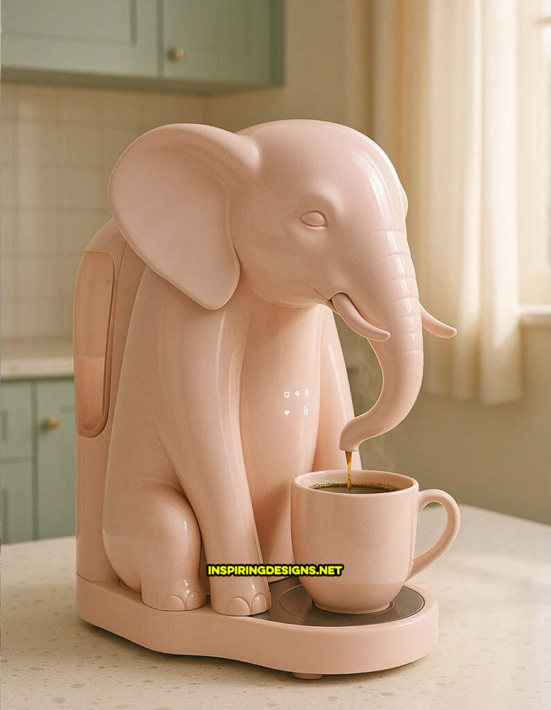 elephant coffee maker in a smooth pink color