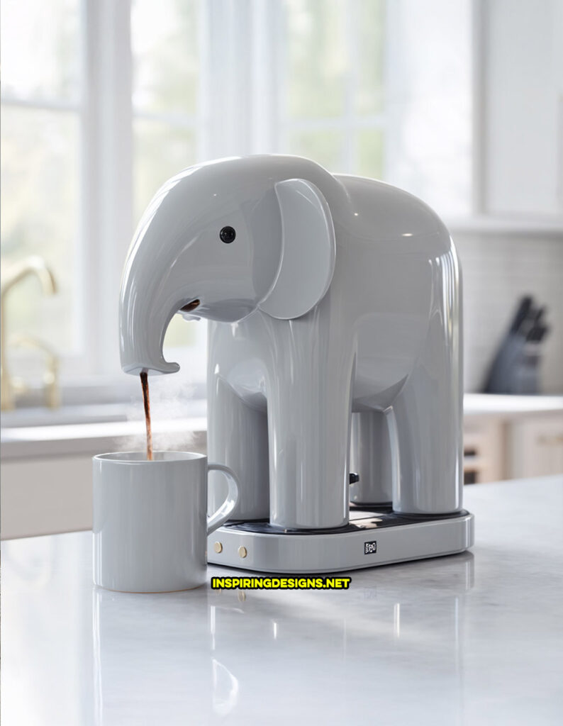 elephant coffee maker in a smooth grey color