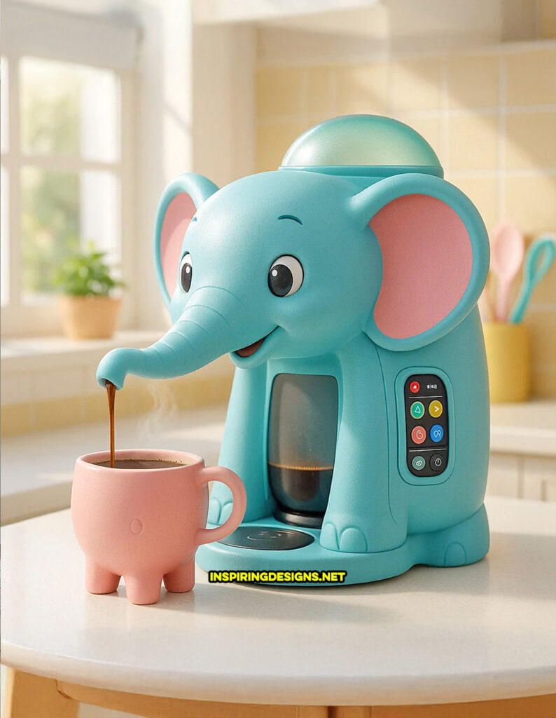 elephant coffee maker in a Disney-esque turquoise color