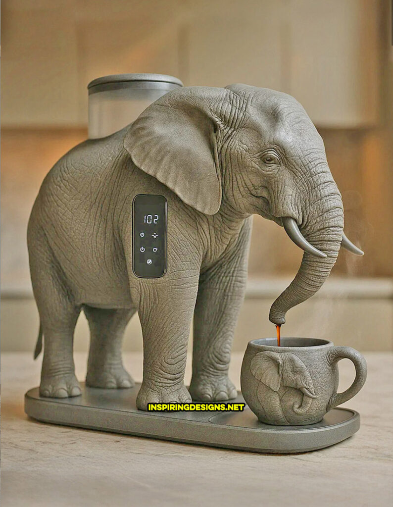 elephant coffee maker in a realistic grey color