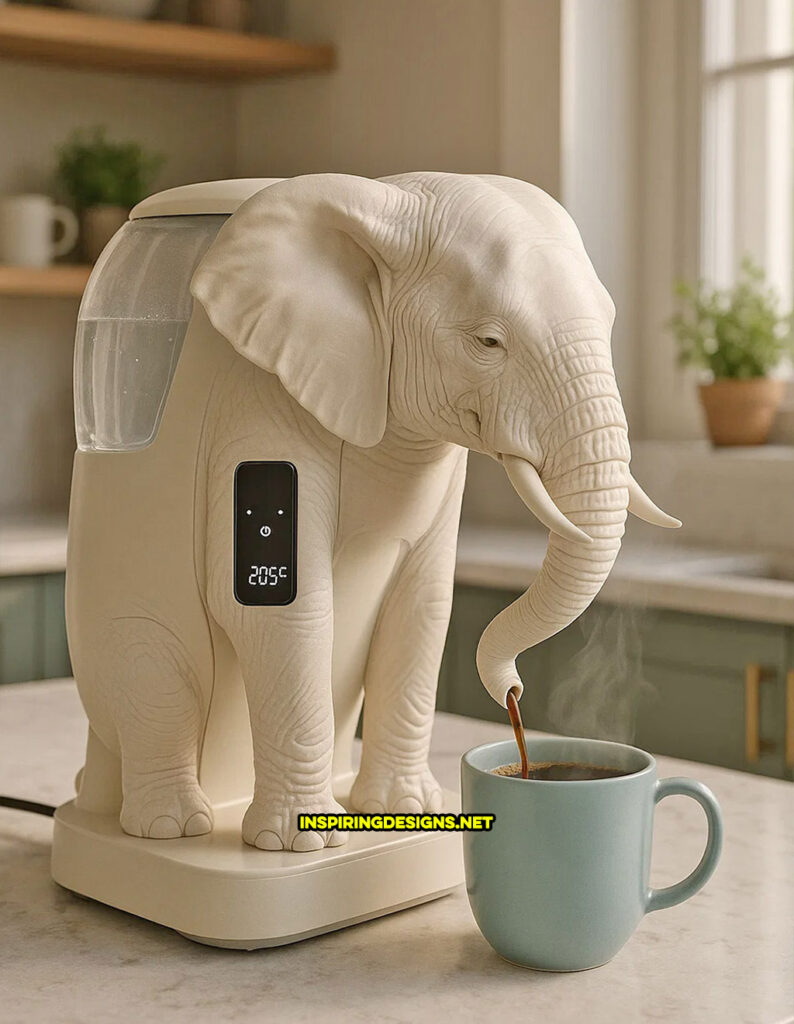 elephant coffee maker in a realistic white color