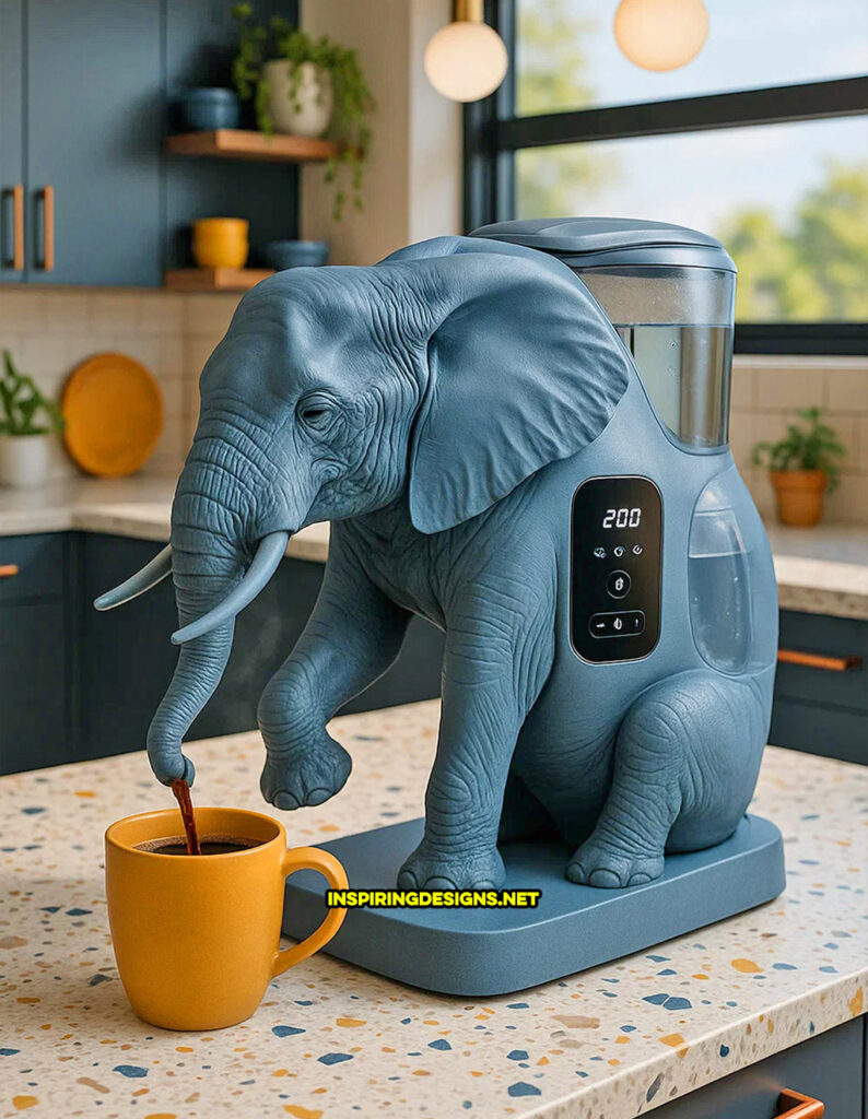 elephant coffee maker in a realistic dark blue color