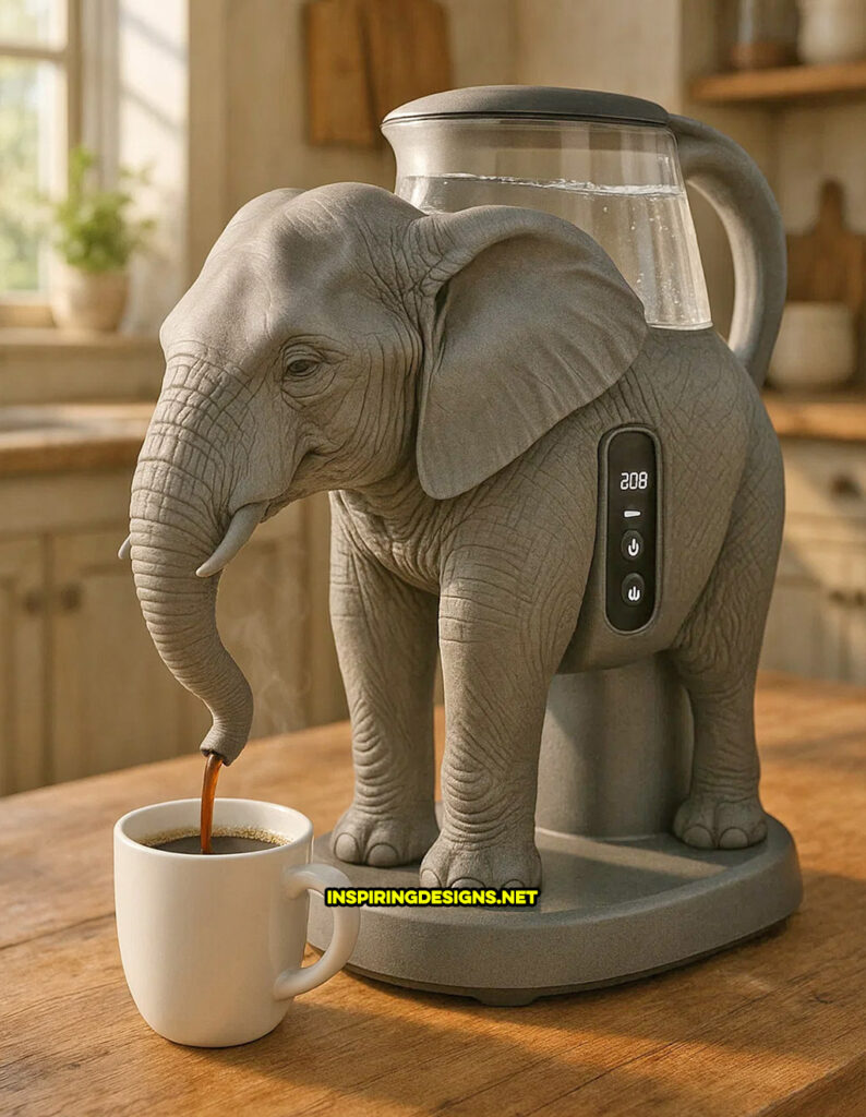 elephant coffee maker in a realistic grey color