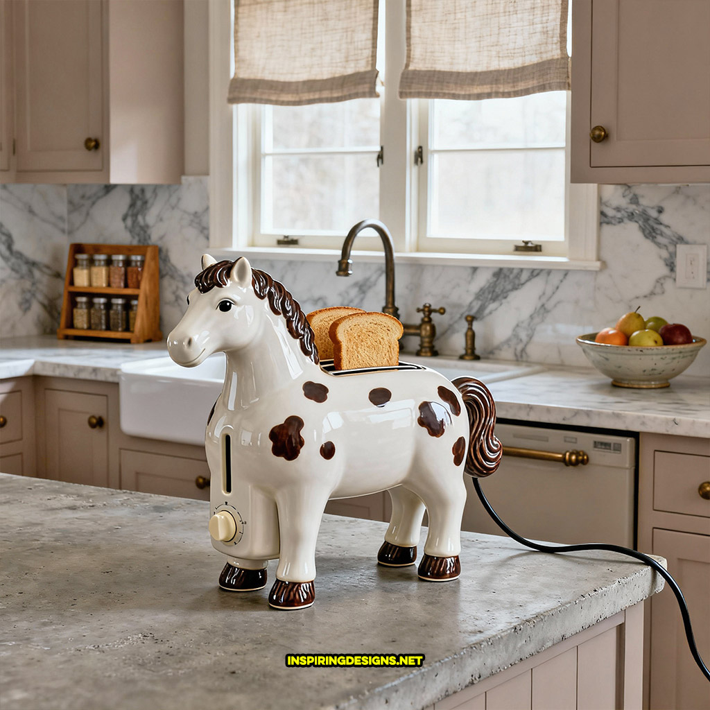 horse toaster in a white with brown spots color design
