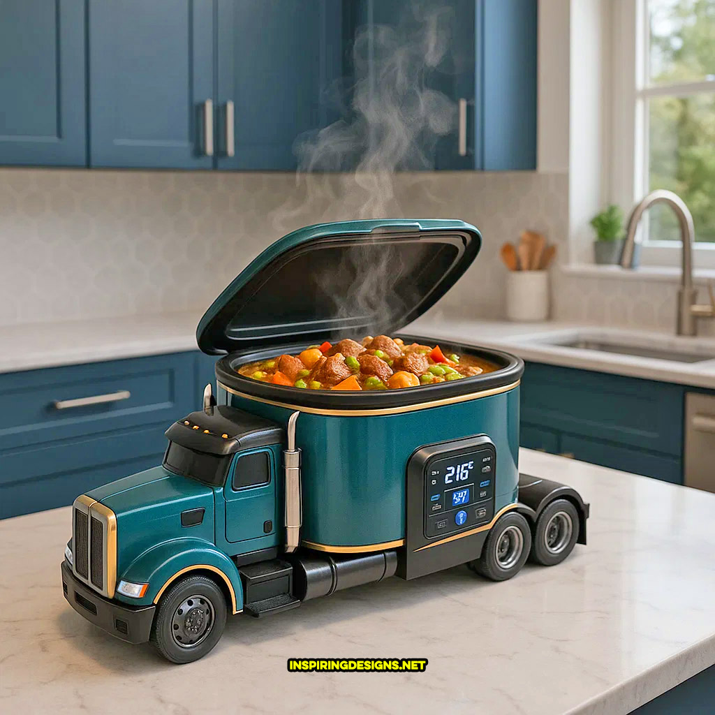 semi-truck slow cooker in a turquoise and black color